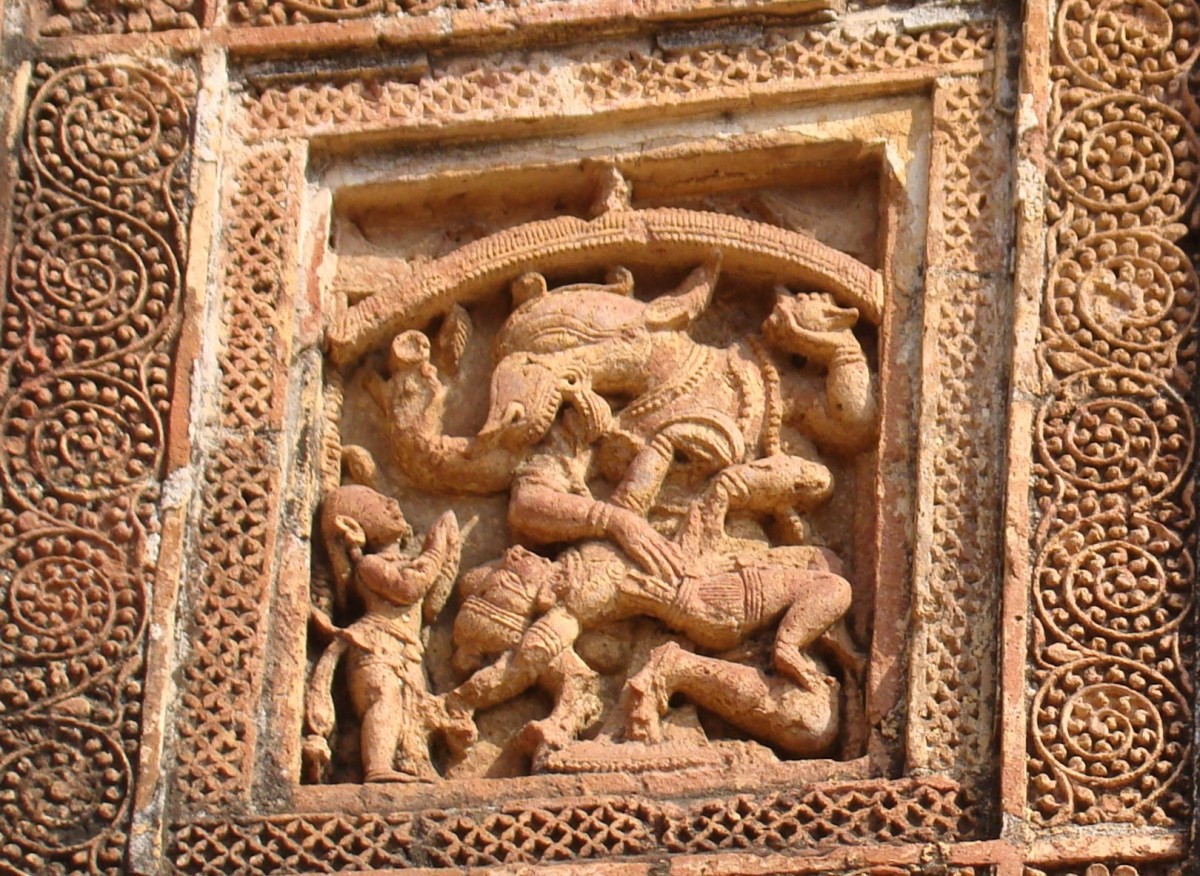 4-armed Nrisingha Deva with Chakra and Shankha in upper hands and with lower hands killing Hiranyakashipu' terracotta; Madanmohan temple; Vishnupur, Bankura