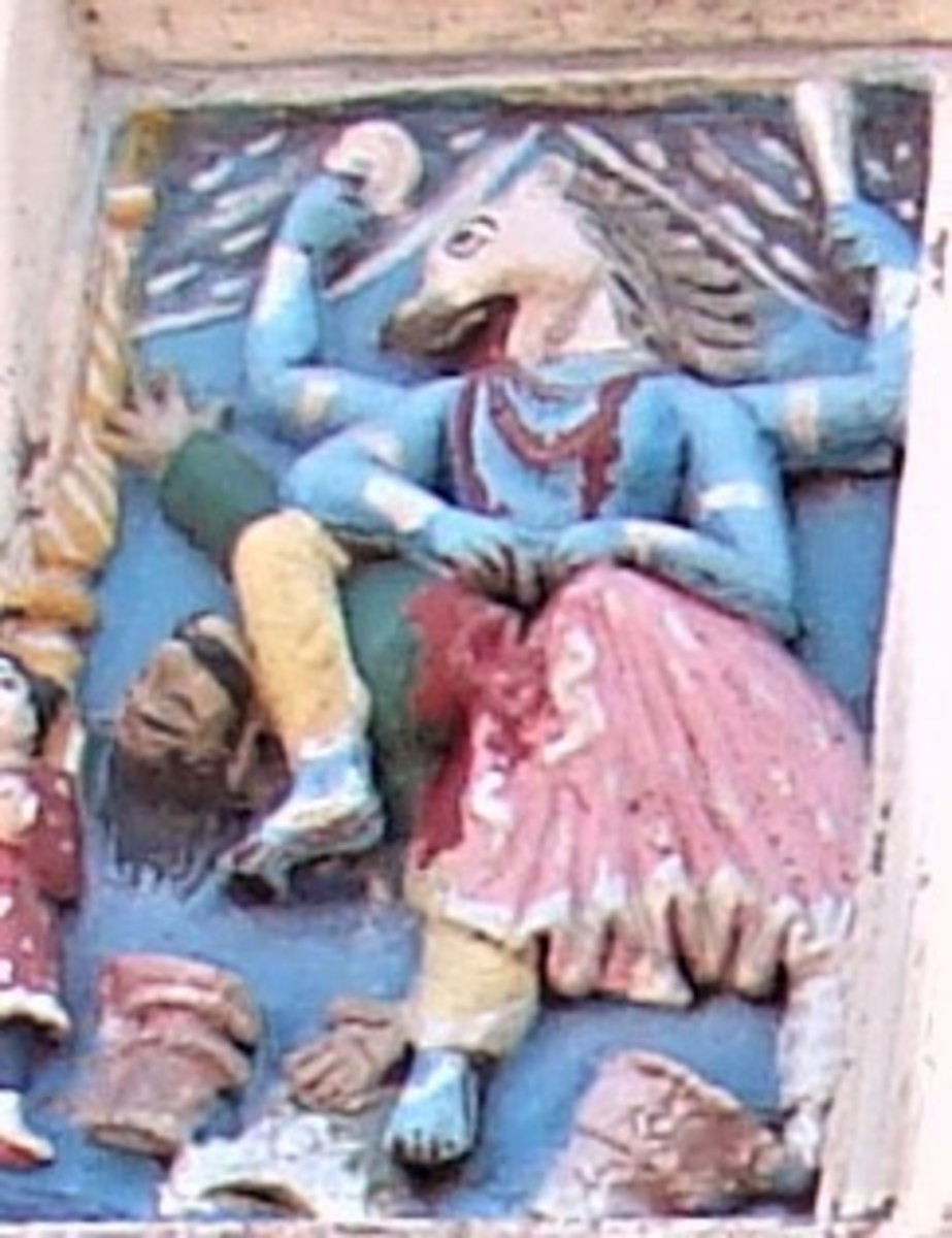 4-armed Nrisingha Deva; colored stucco; Ekteswar temple; Bankura