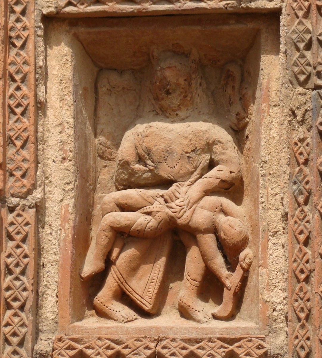 2-armed Nrisingha Deva; terracotta; Lakshmi Janardan temple; Ghurisha, Birbhum
