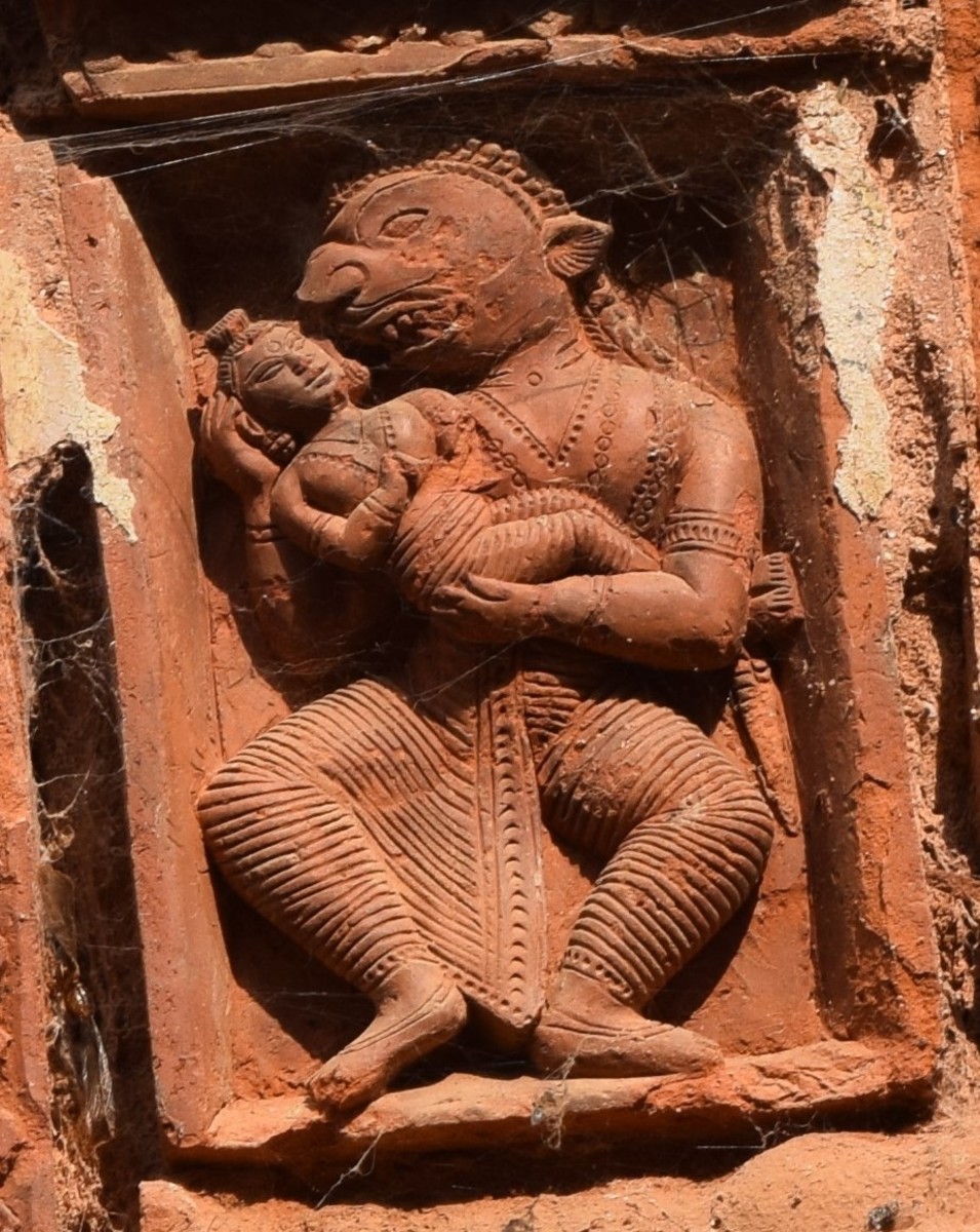Nrisingha Deva with Prahlada in His lap; terracotta; Pancharatna Shiva temple; Itanda, Birbhum