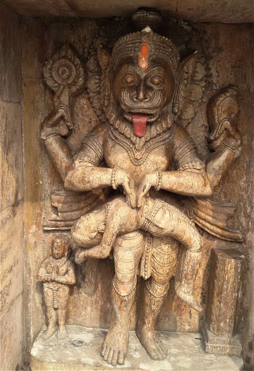 4-armed Nrisingha Deva with Chakra and Shankha in upper hands and with lower hands killing Hiranyakashipu' stone work; Jagannath temple; Khidirpur, Kolkata