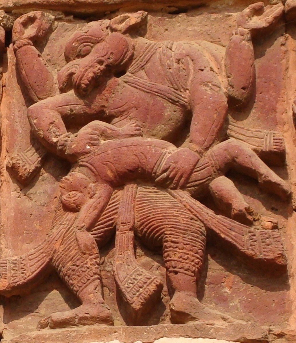 4-armed Nrisingha Deva without "Ayudha' killing Hiranyakashipu; terracotta; Radha Vinod temple; Joydev-Kenduli, Birbhum