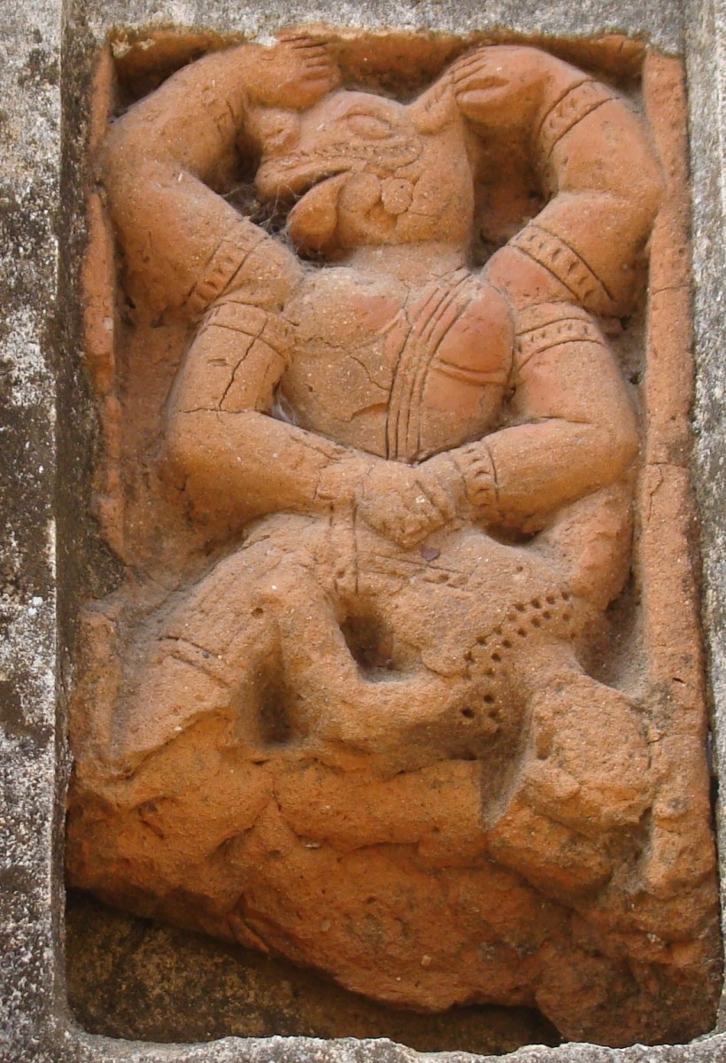 4-armed Nrisingha Deva without "Ayudha' killing Hiranyakashipu; terracotta; Shiva temple; Dubrajpur, Birbhum