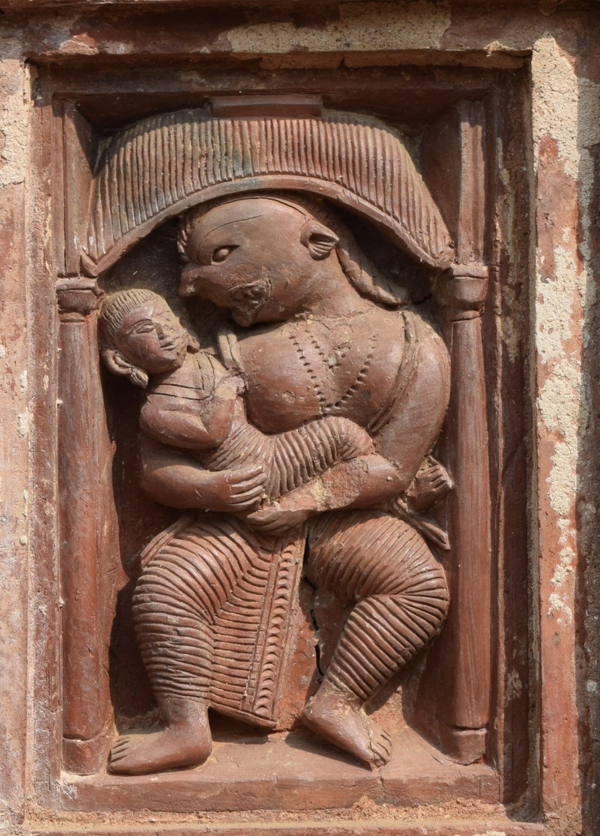 Nrisingha Deva with Prahlada in His lap; terracotta; Kali temple; Itanda, Birbhum