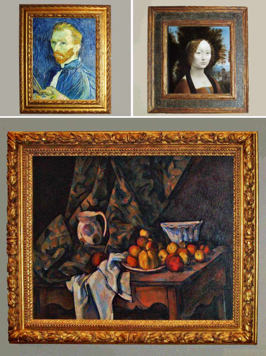 (Top Left) Vincent van Gogh - Self-Portrait -1889 (Top Right) Leonardo da Vinci - Ginevra de' Benci -  c. 1474/1478 (Bottom) Paul Cézanne - Still Life with Apples and Peaches - c. 1905