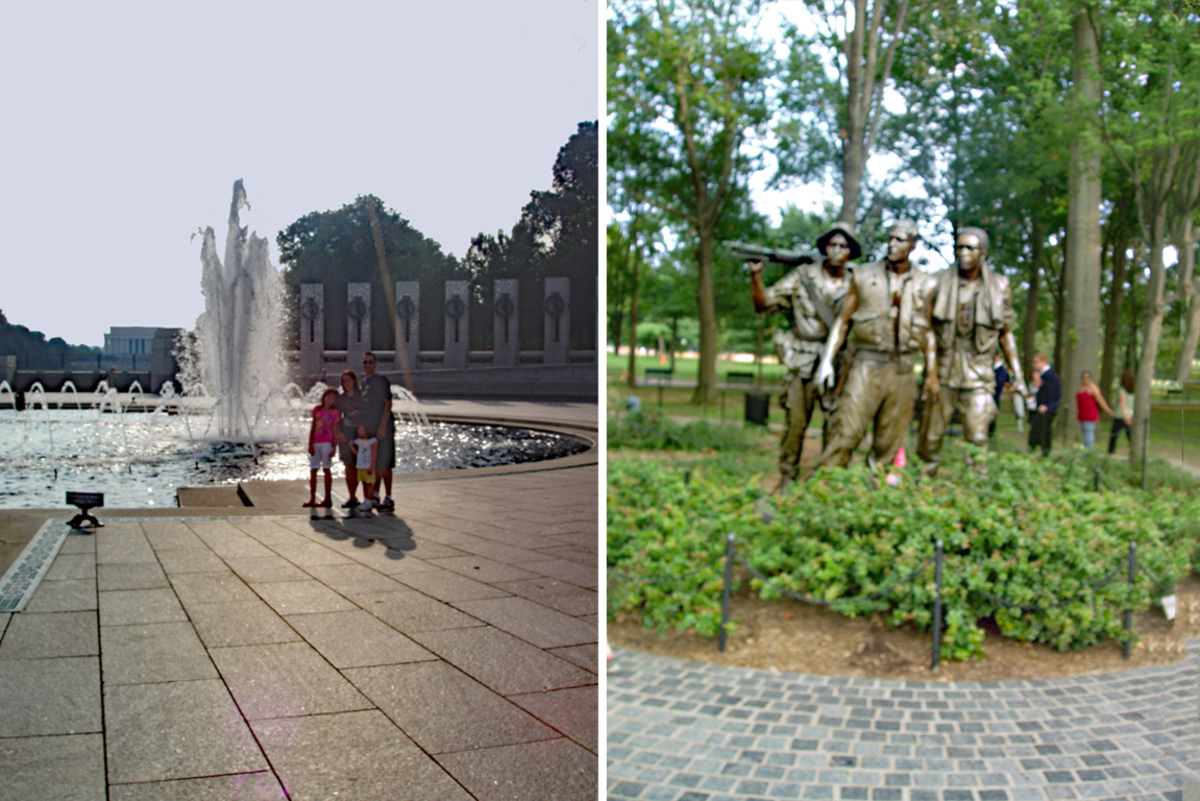 (Left) The WW II Memorial (Right) Three Soldiers at the Vietnam War Memorial