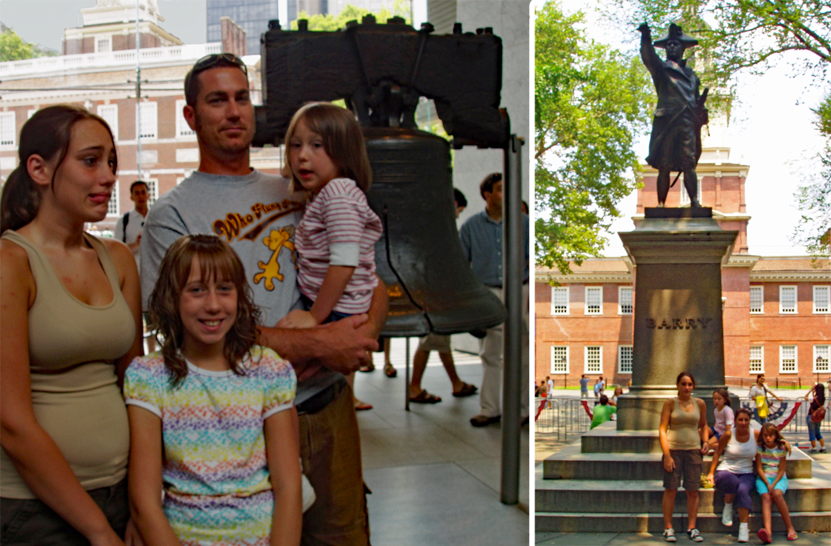 (Left) My family with the Liberty Bell. (Right) My children and I with the statue of Commodore Barry - Father of the US Navy. Independence Hall in the background.
