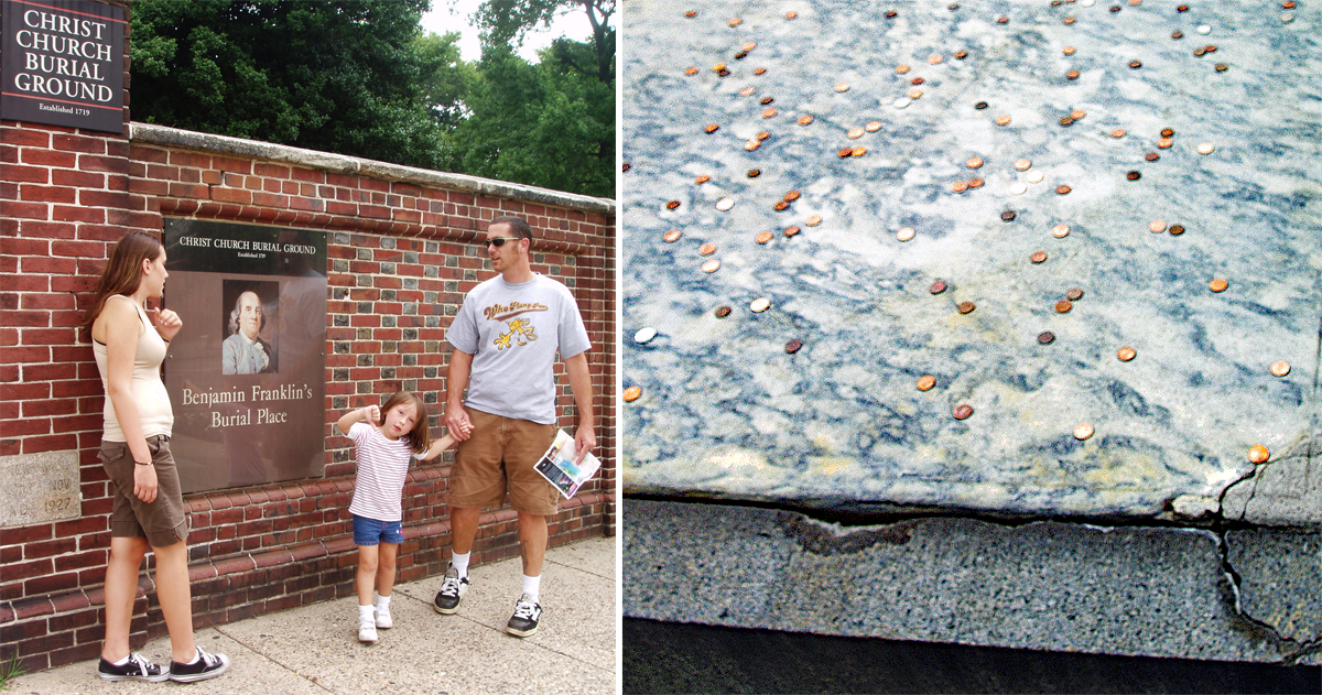 The photo of his gravesite on the right came out terrible, so I cropped it in order to show the pennies. 