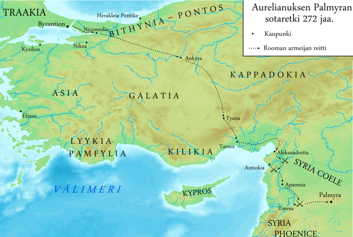 Map of the Roman Emperor Aurelian's march to Palmyra AD 272.