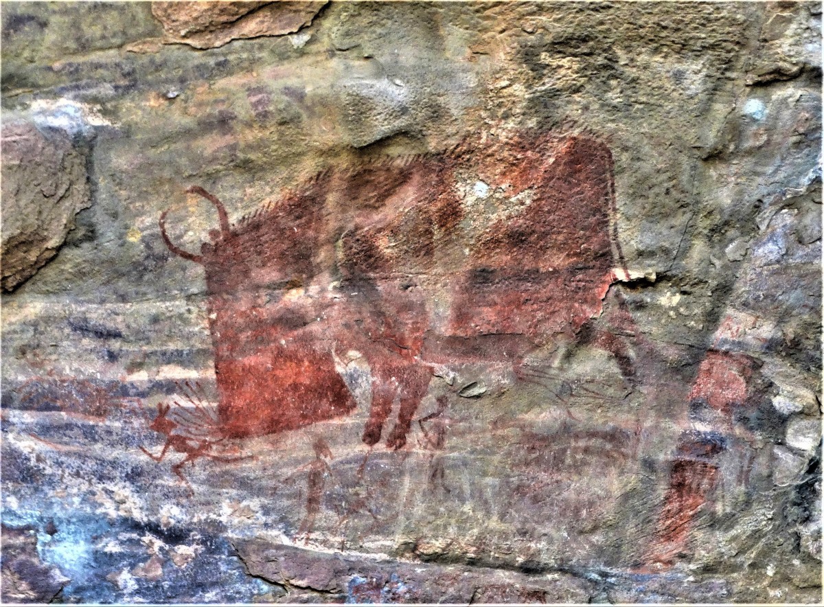 Bison hunting in prehistoric rock paintings; Bhimbethka; Madhya Pradesh, India