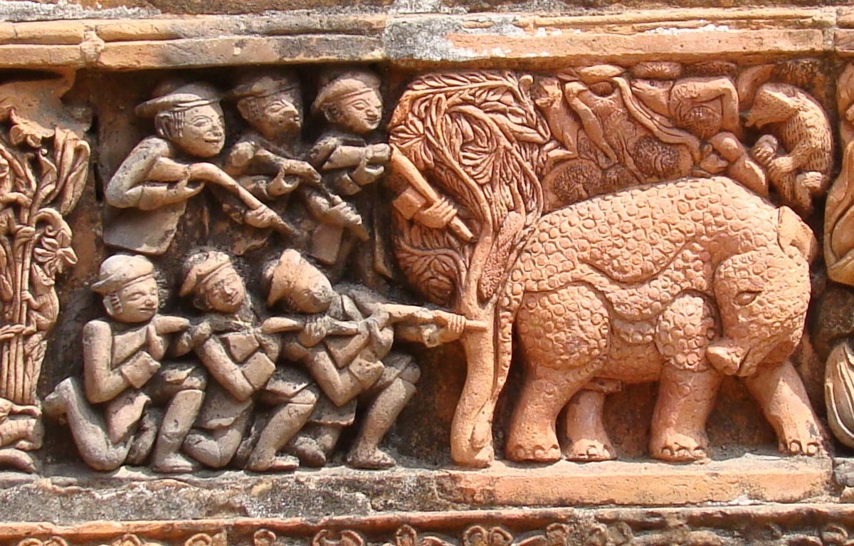 Rhinoceros hunting; terracotta bas-relief; Charbangla temple; Baronagar, Murshidabad