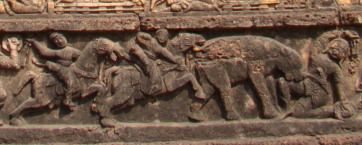 Scdene of rhinoceros hunting; stucco on stone; Radhashyam temple, Vishnupur