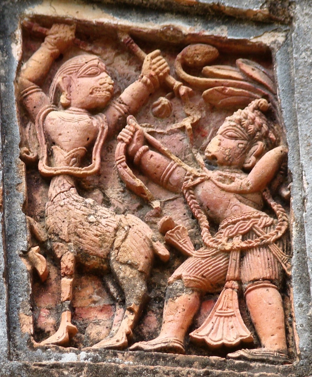 Lord Rama killing Maricha, the demon in the guise of a deer; Tales from the Ramayana; terracotta bas-relief; Charbagnla temple; Baronagar, Murshidabad