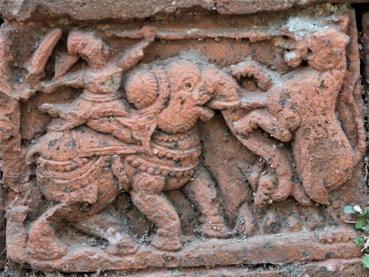Hunter on elephant; terracotta bas-relief; Raghunath Shiva temple; Ghurisha, Birbhum