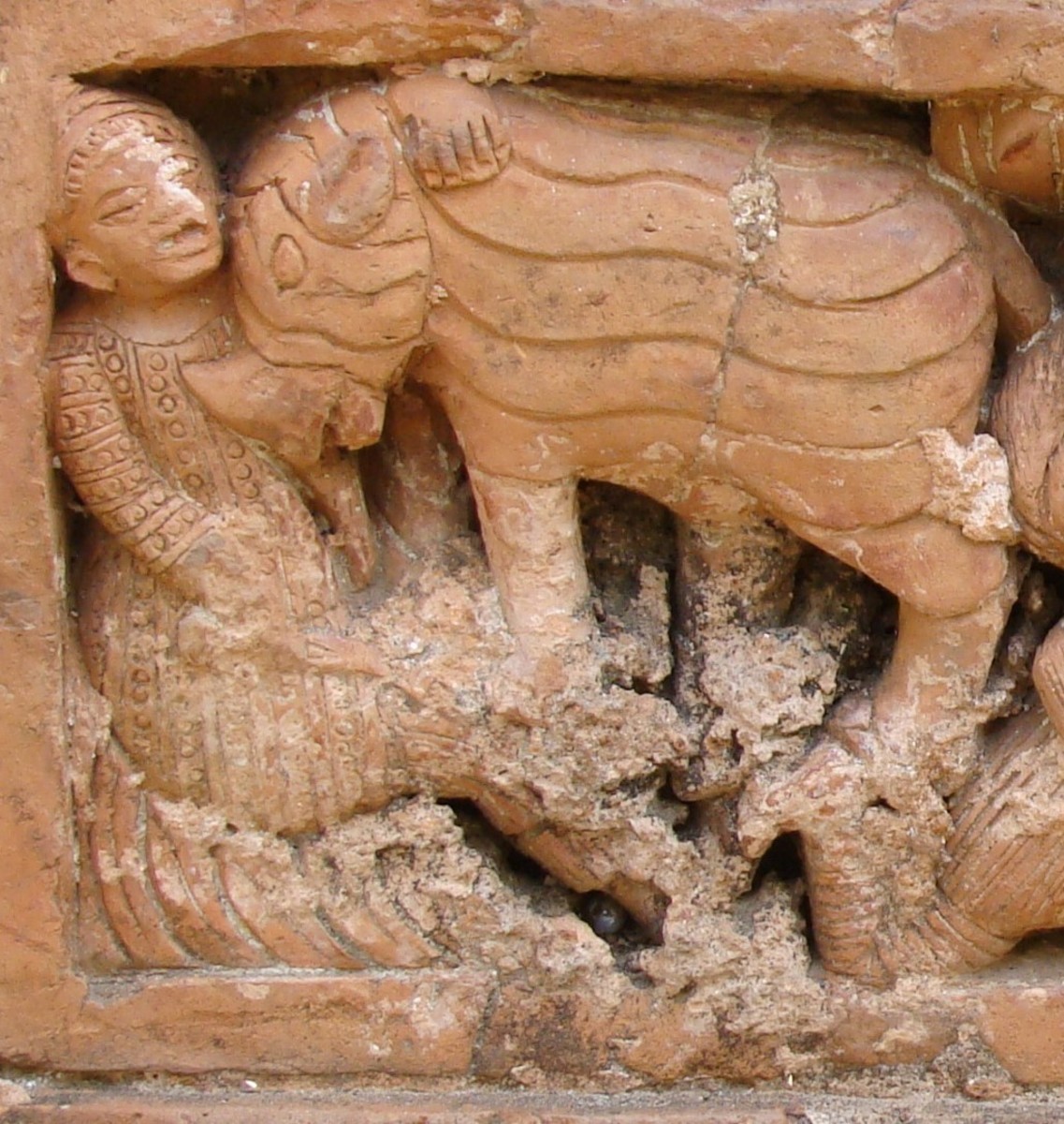 A rhinoceros attacking a man; terracotta bas-relief; Charbangla temple; Baronagar, Murshidabad