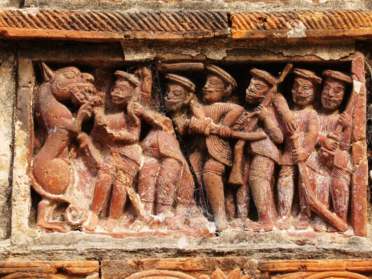 European hunters with musket; terracotta bas-relief; Krishnachandraji temple; Kalna, Purva Bardhaman