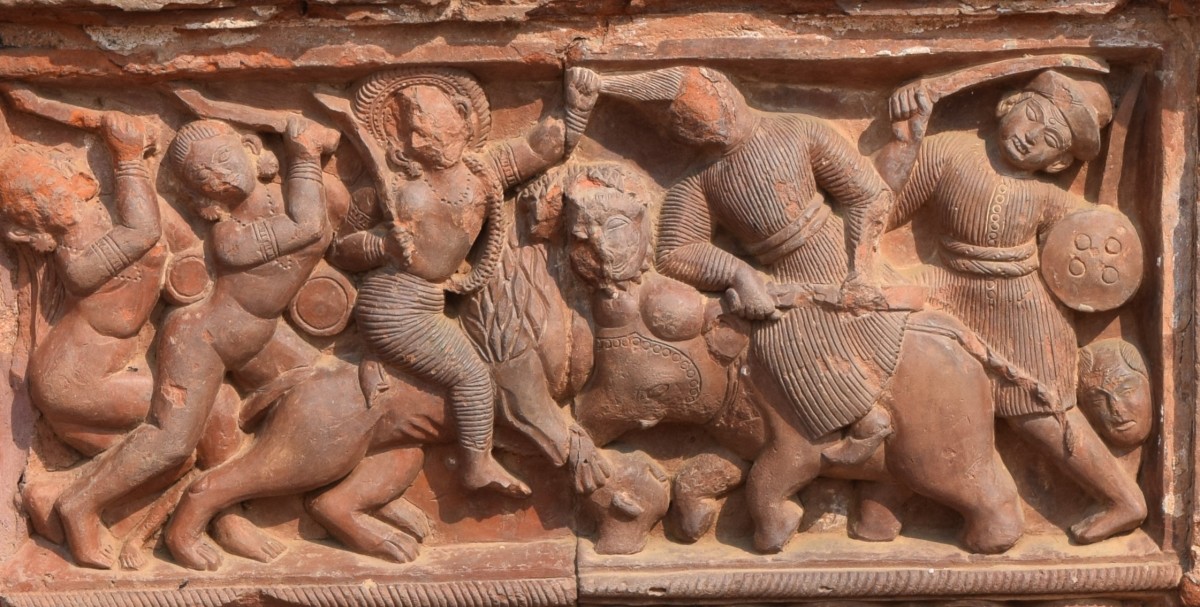 Chamunda on lion; terracotta; Jorbangla Kali temple; Itanda, Birbhum