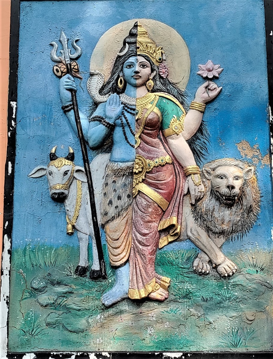 Shiva and Durga as "Ardha Nariswara"; colored stucco; Shiva temple, Birbhanpur, Paschim Bardhaman