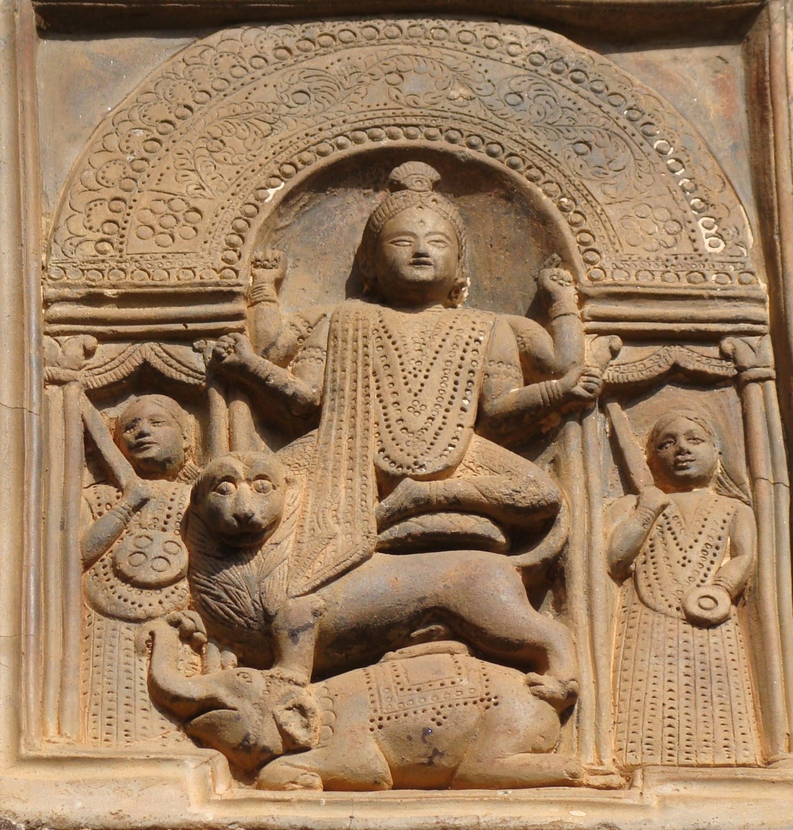 Goddess Jagatdhatri on lion and elephant; terracotta; Chandranath temple; Hetampur, Birbhum
