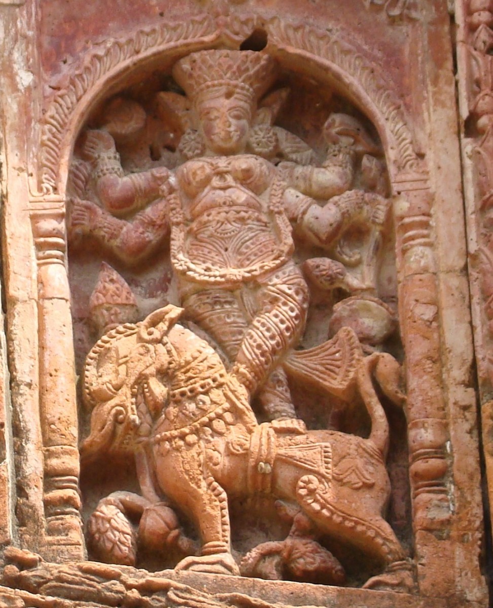 This may be an early Jagatdhatri on lion without the elephant; terracotta; Charbangla temple; Baronagar, Murshidabad