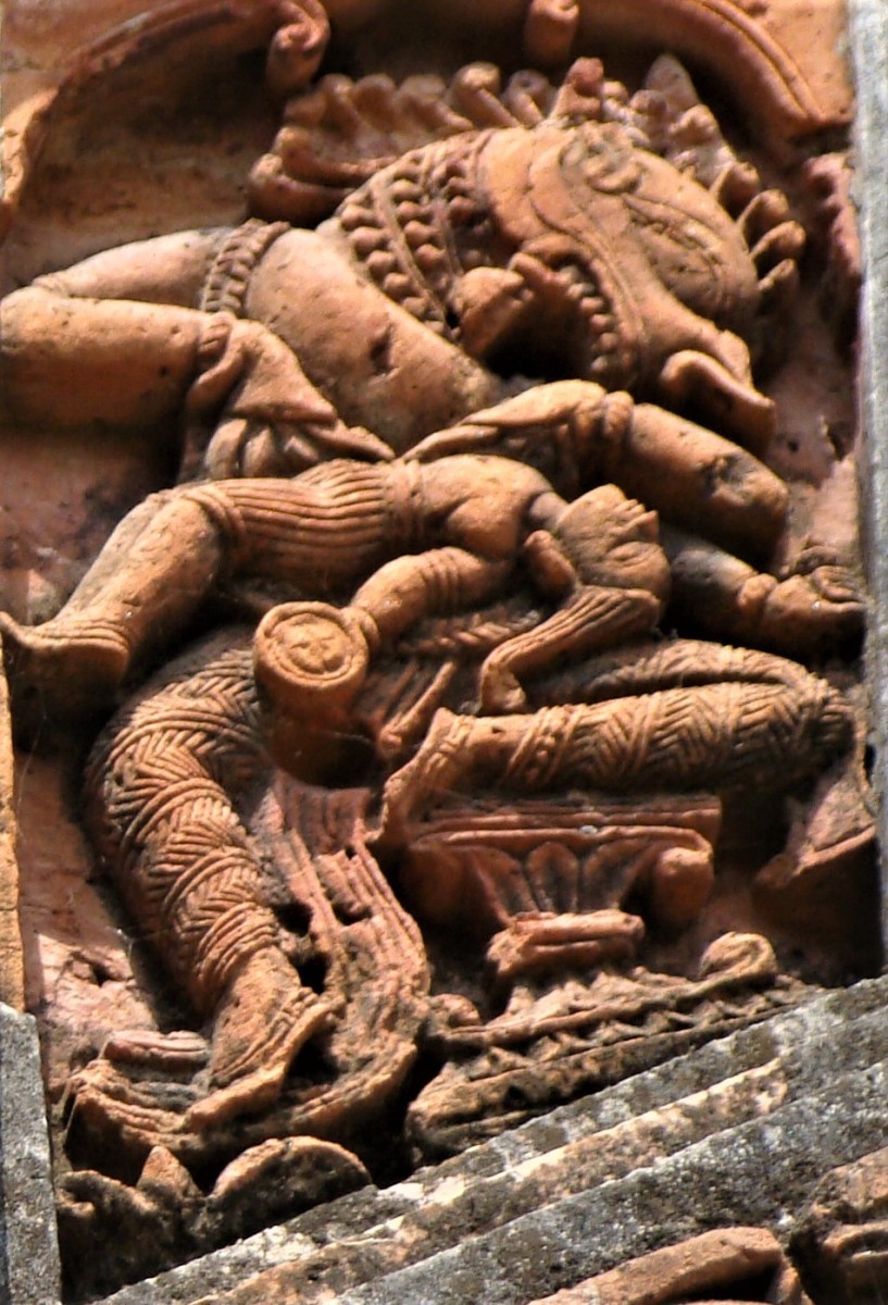 Nrisingha Avatar in His half-lion half-man form; terracotta; Charbangla temple; Baronagar, Murshidabad