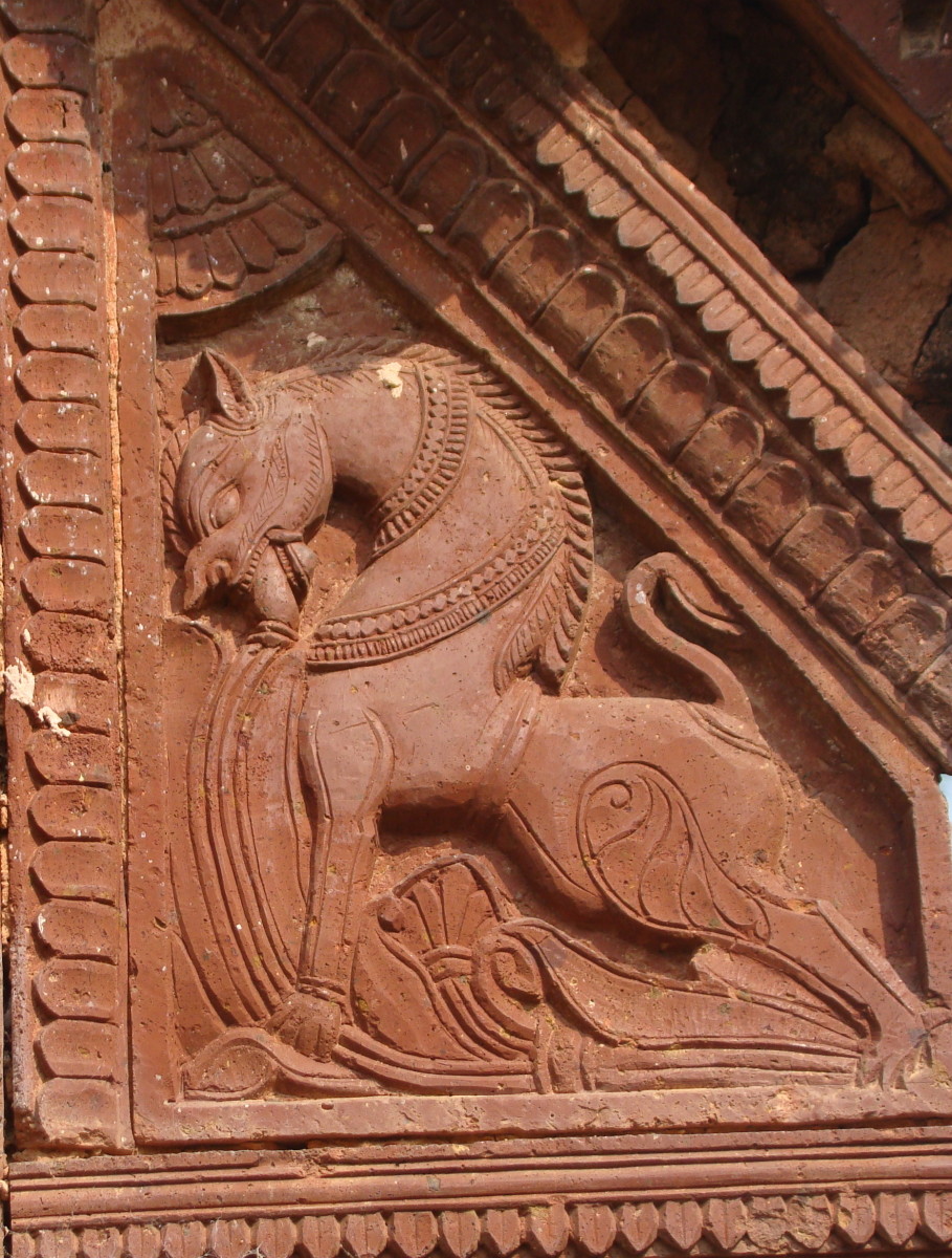 Lion on angle panel; bas-relief in stone; Shiva temple; Ganpur, Birbhum