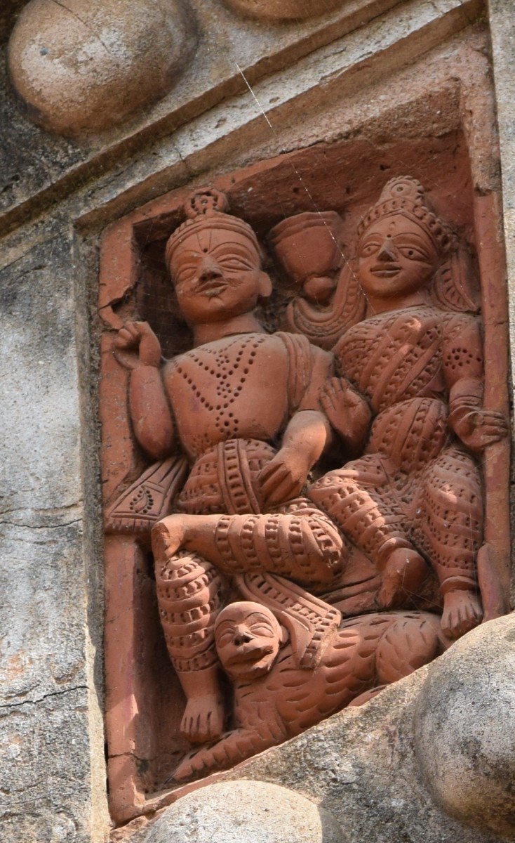 Goddess Durga with Lord Shiva on lion; terracotta; Giri Govardhan temple; Kotulpur, Bankura