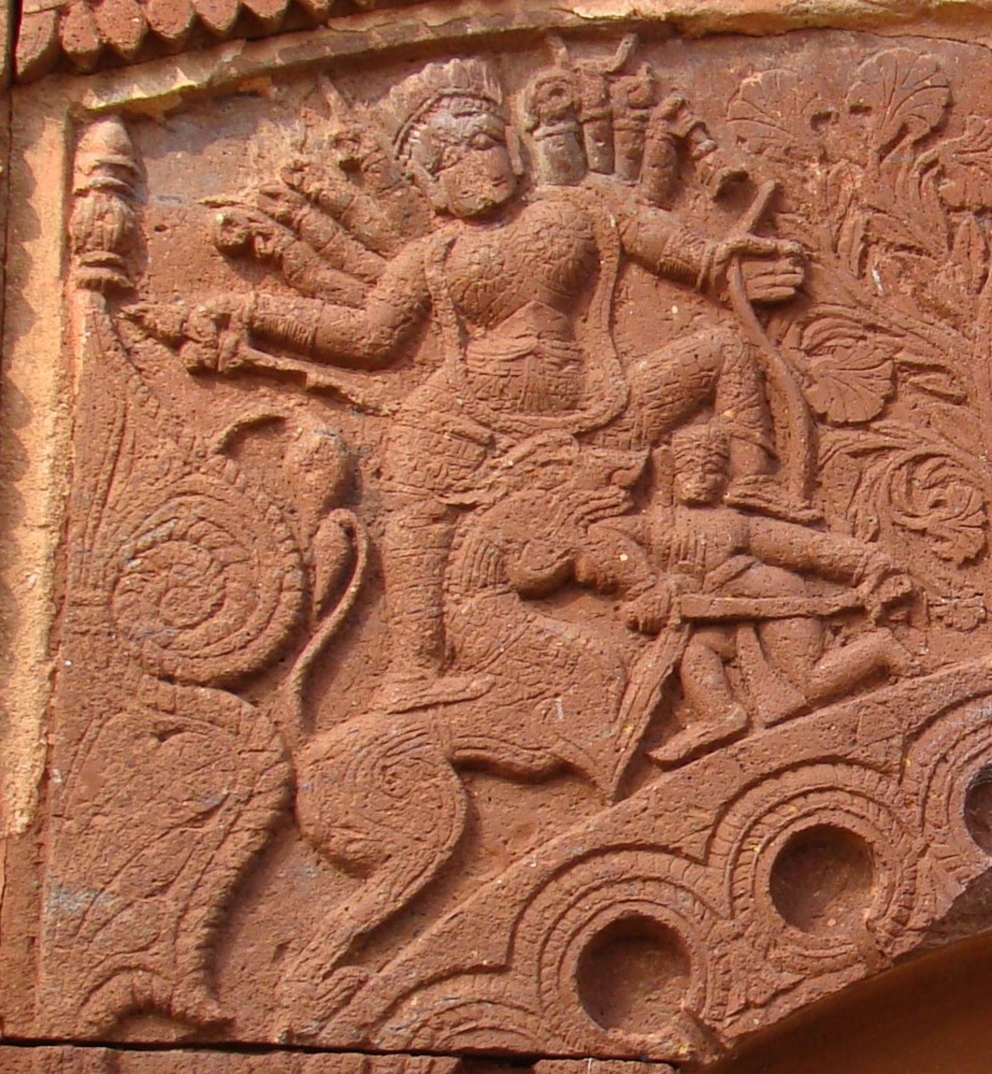 Goddess Durga as "Mahishaasura Mardini"; Bas-relief in stone; Shiva temple; Ganpur, Birbhum