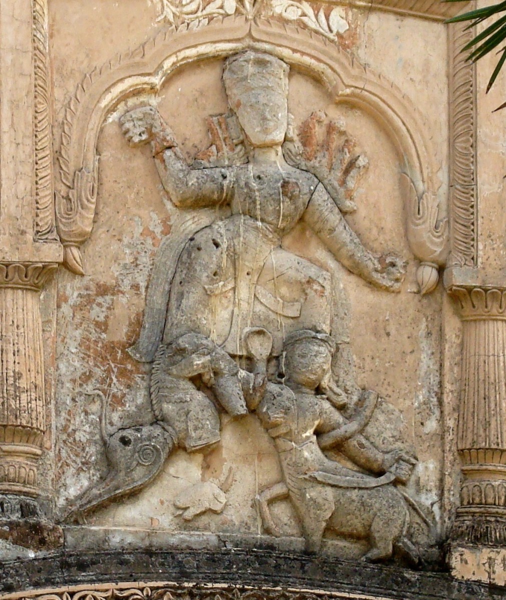 Goddess Durga as "Mahishaasura Mardini"; stucco; Bhavaniswar temple; Baronagar, Murshidabad
