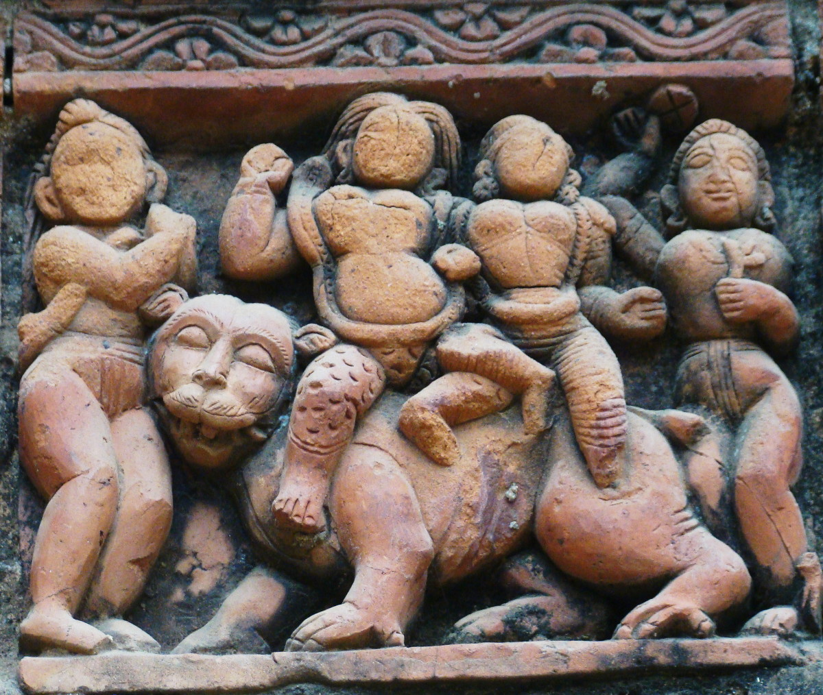 Goddess Durga with Lord Shiva on lion; terracotta; Shiva temple; Supur, Birbhum