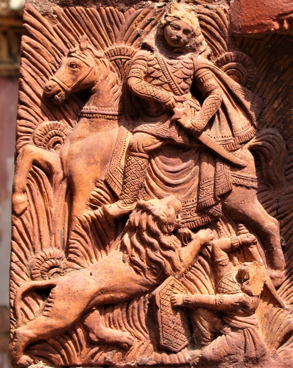 Lion hunting in "Mrityu Lata"  panel; terracotta; Gopinath temple; Dasghara, Hooghly
