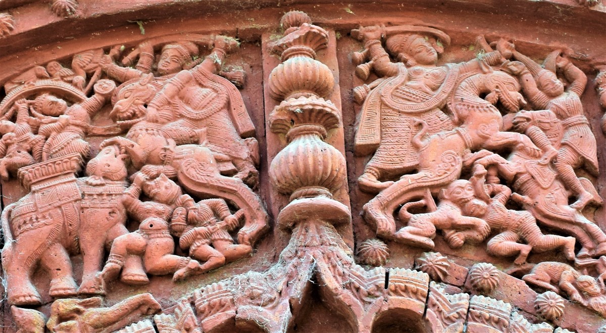 Chamunda on lion; terracotta; Shiva temple, Uchkaran, Birbhum