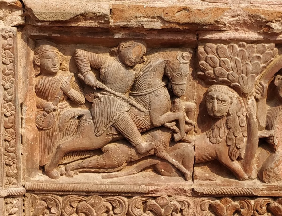 Lion hunting scene; terracotta; Jorbangla Kali temple; Itanda, Birbhum
