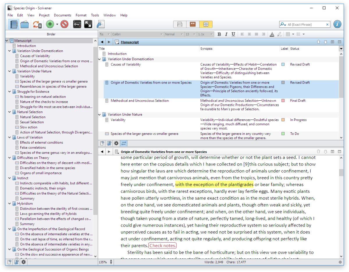 The outliner feature in Scrivener.
