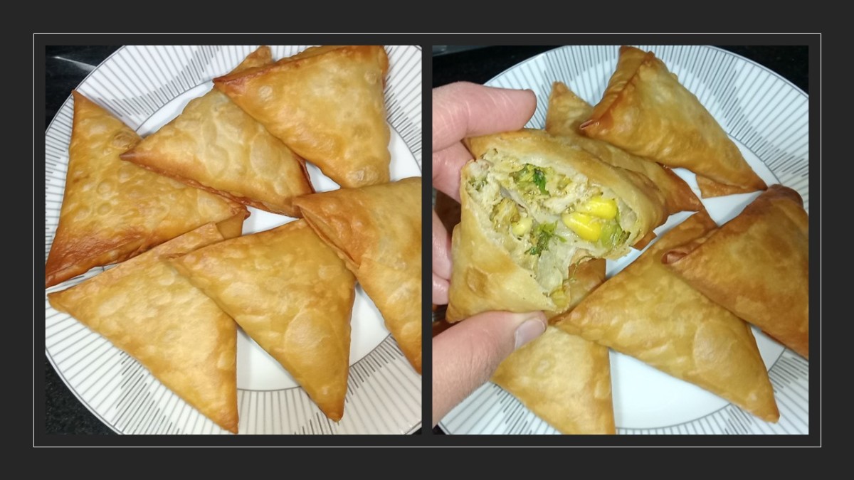 Learn how to make crispy chicken and cheese samosas.