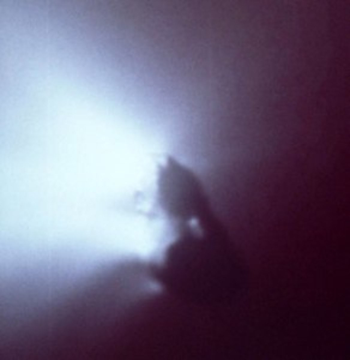 The nucleus of Halley's Comet taken in 1986 by the Giotto space probe. Shown is the dark coloration of the nucleus and jets of dust and gas erupting from its surface.