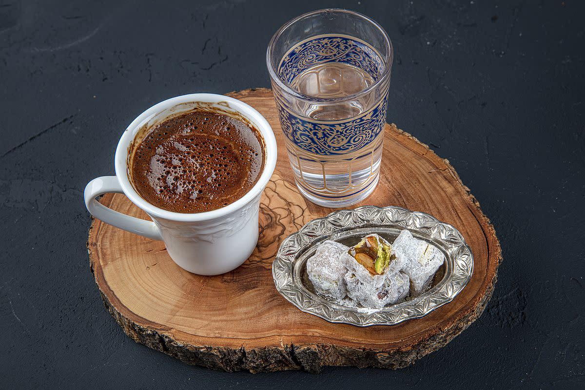 Turkish coffee and Turkish delight served with water