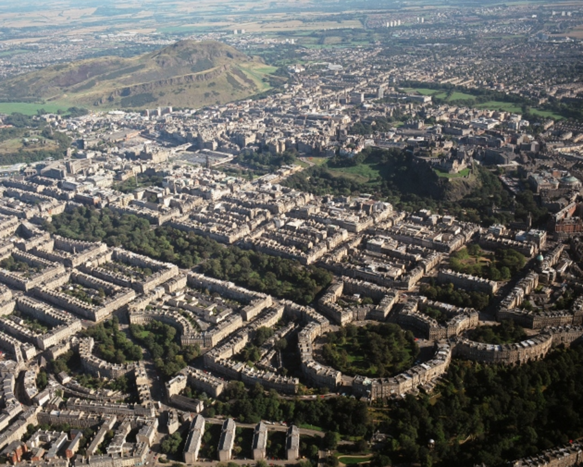 An aerial view with Arthur's Seat on the top left.