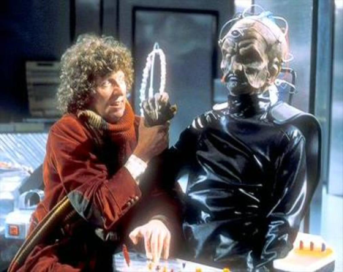 Tom Baker confronts Dalek creator Davros in the classic serial Genesis of the Daleks.