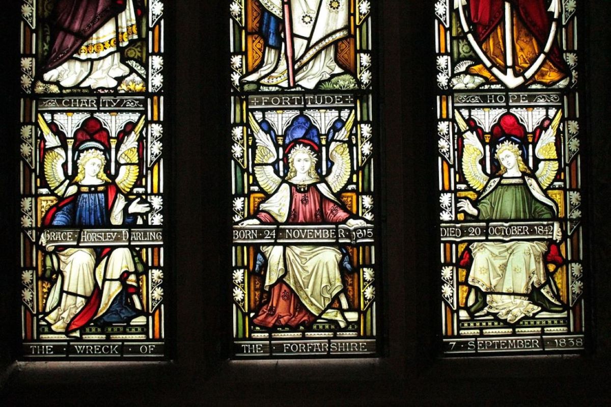 The memorial window dedicated to Grace Darling at St. Aiden's Church in Bamburgh, Northumbria. 