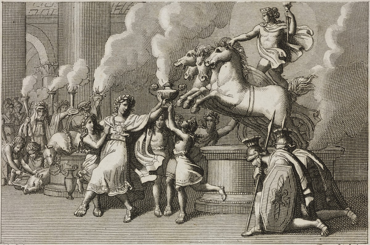 Heliogabalus dancing around the chariot of the Sun god