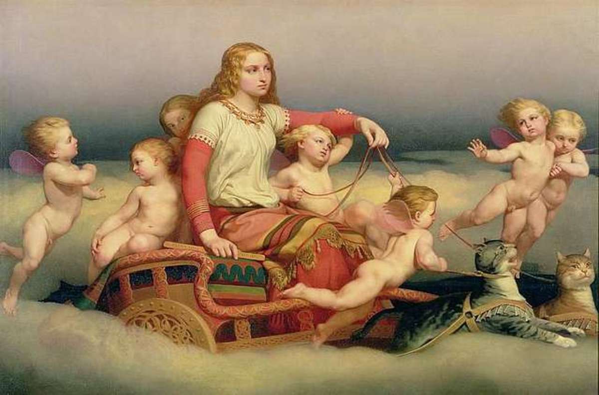 The goddess Freya in a chariot pulled by cats.