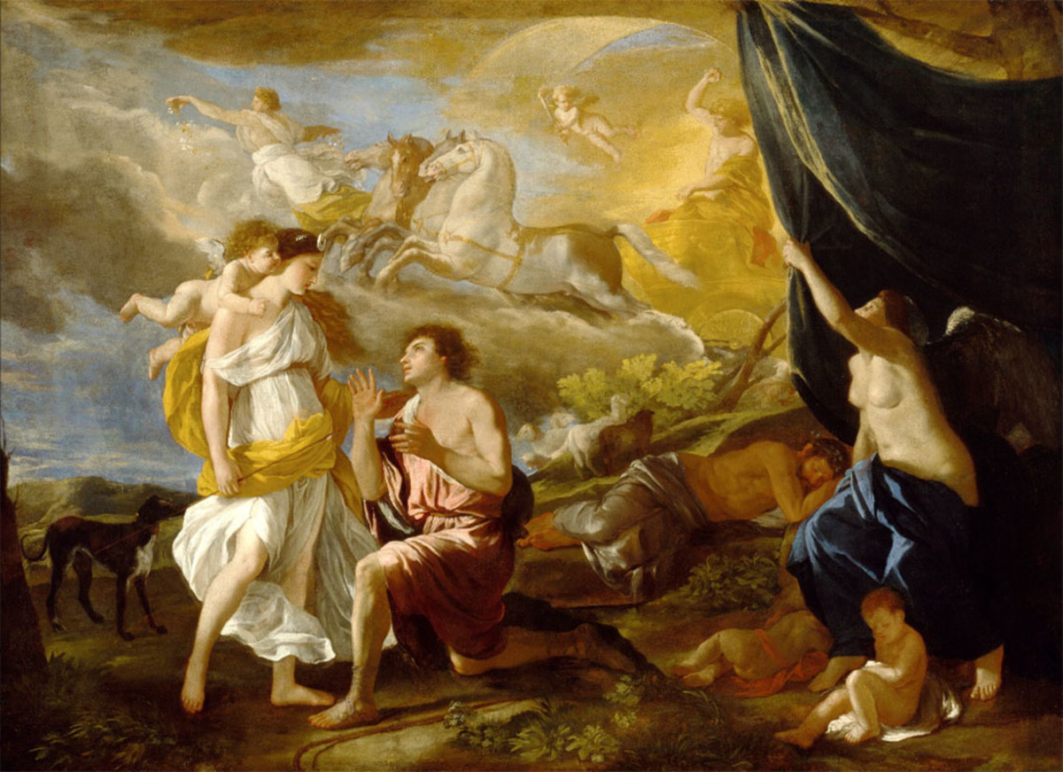 《塞琳娜和恩底弥翁》尼古拉斯·普桑著。在希腊神话中，月亮女神无可救药地爱上了美丽的牧羊人。