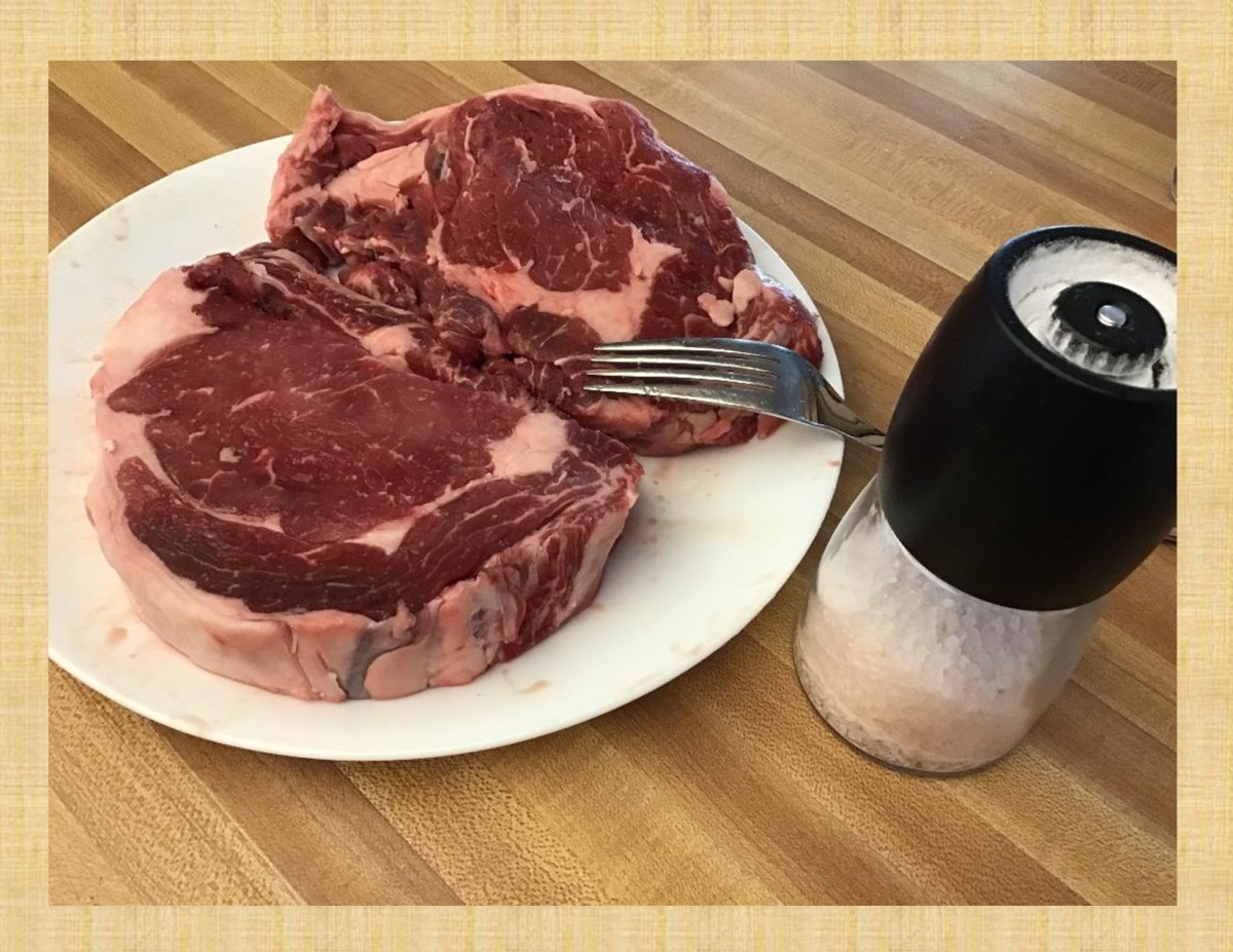 Costco Brand Steaks.  Pink Himalayan Salt in IKEA table grinder