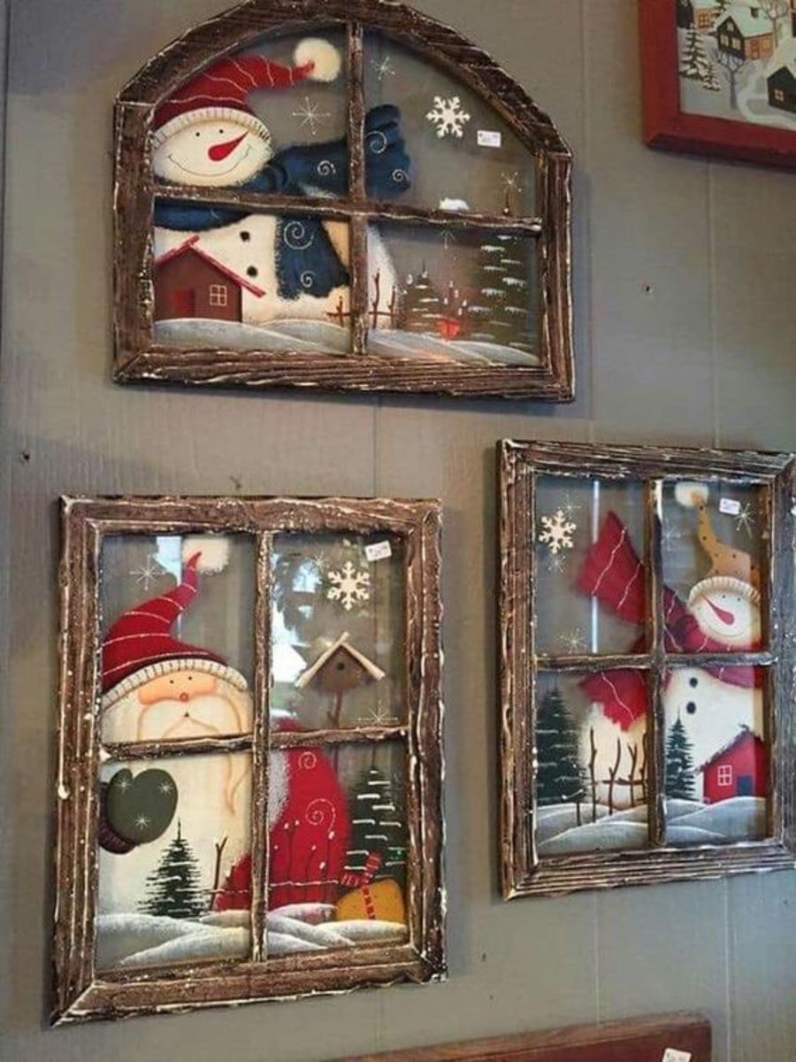 Old windows painted for Christmas