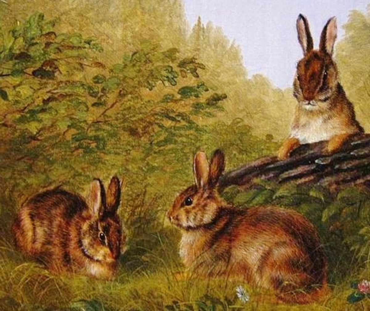 Rabbits on a Log Painting By Arthur Fitzwilliam Tait
