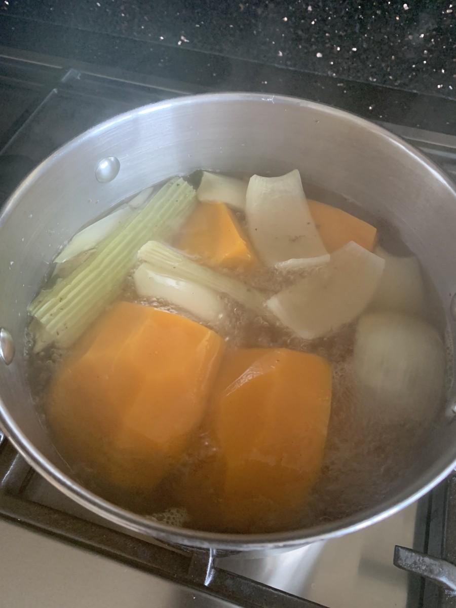 Boil chopped vegetables in 50% water and 50% stock