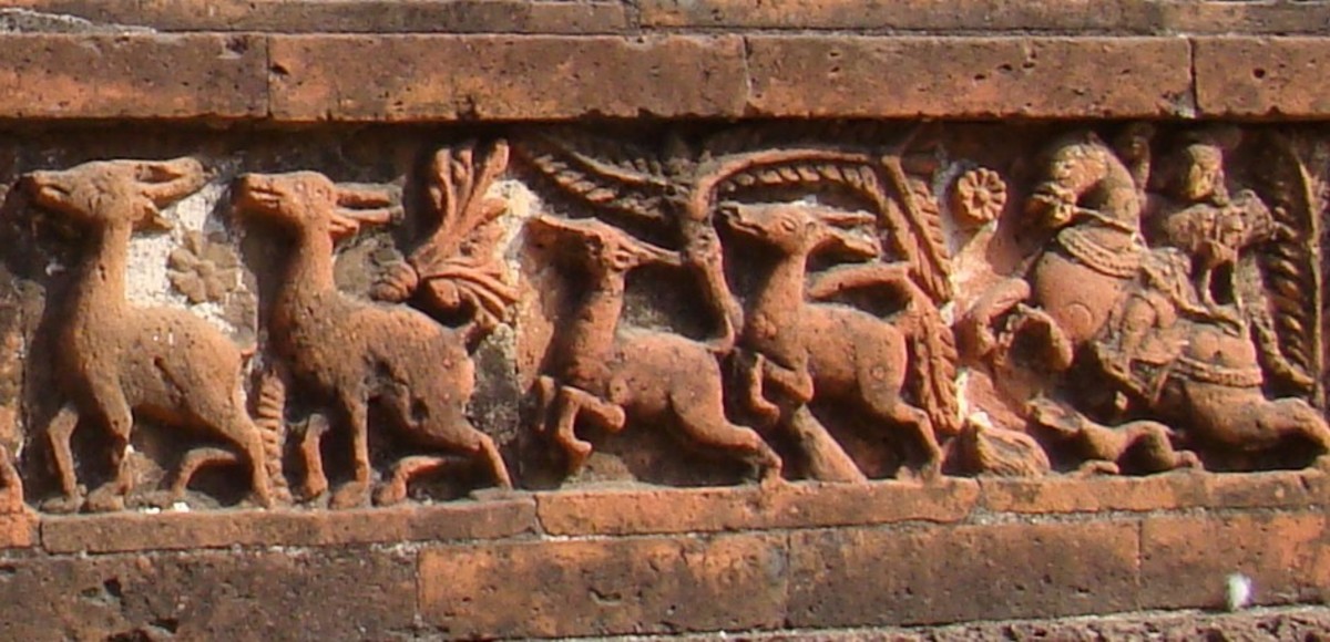 Deer hunting; terracotta; Madanmohan temple; Vishnupur, district Bankura