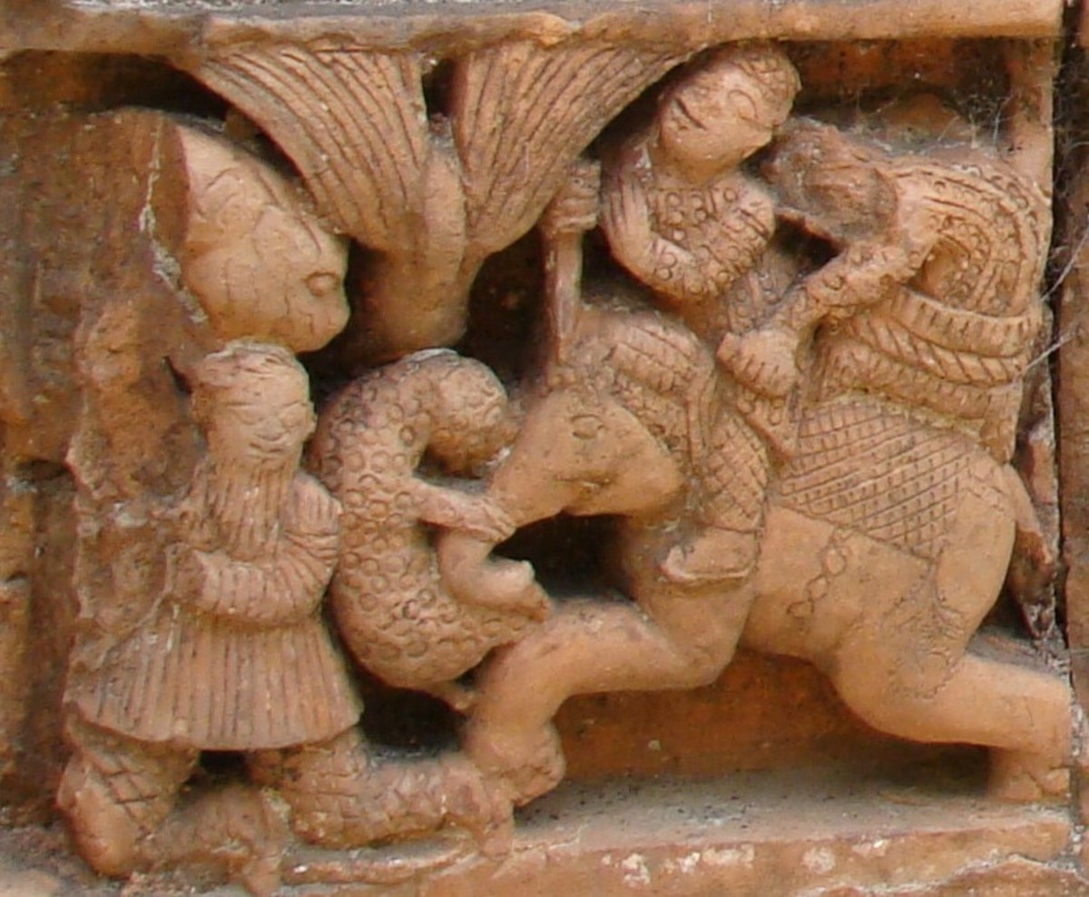 Tiger hunting on elephant back; terracotta; Gangeshwar temple; Baronagar, district Murshidabad