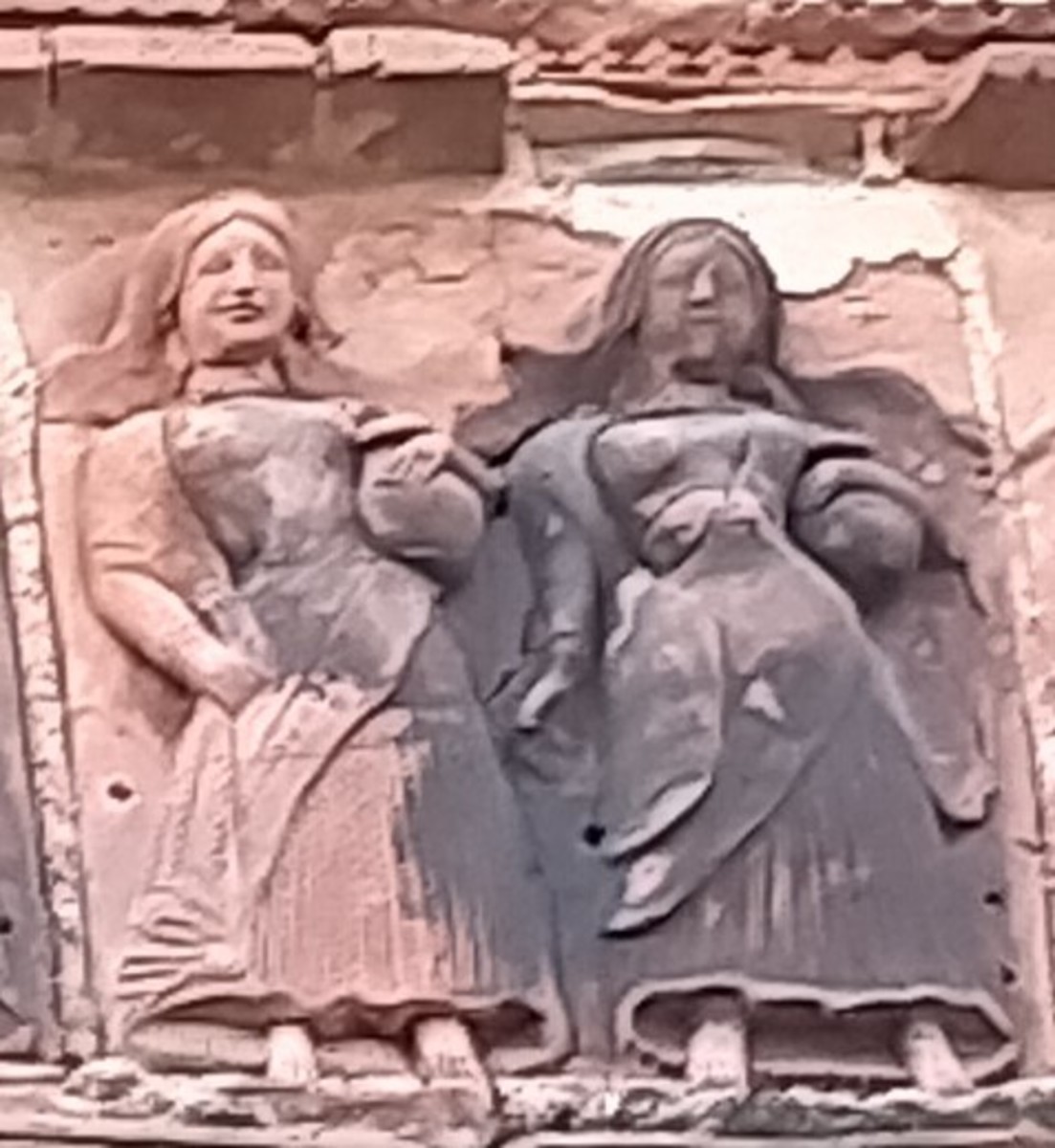 Soicial scenes in temple decoration - two ladies with pitcher; terracotta; Lakshmi Janrdan temple; Ghurisha, district Birbhum